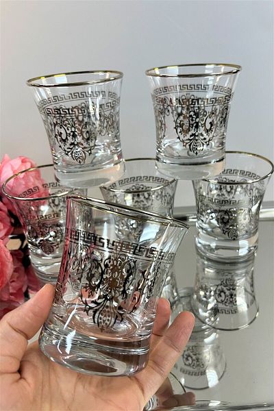 DECOSTYLE Pera Gold and Silver Patterned Azur Water Cup - 6-Piece 240cc Pasabahce Set