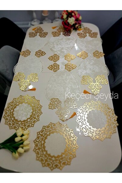 KEÇECİ ŞEYDA Runner/ranır/Kadife Krem Gold Deri Işlemeli Salon Takımı 6 Parça (masa,konsol,orta sehpa,3 pcete)