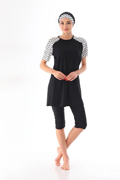 İncy Puantiyeli Likralı Kısa Kollu Yarım Kapalı Tesettür Mayo Takım