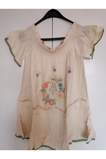 Butik Tülin Otantik Pamuk Kemik Çiçek Nakışlı Plili Lastikli Bluz