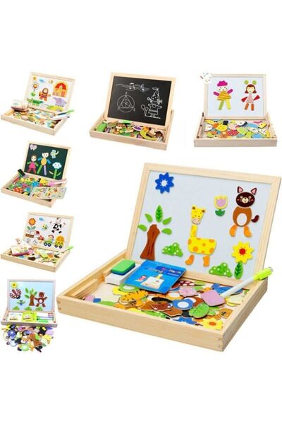Hyd Oyuncak Ahşap Yazı Tahtası 31 Cm Çift Taraflı Eğitici Mıknatıslı Manyetik Figürlü Oyun Tahtası