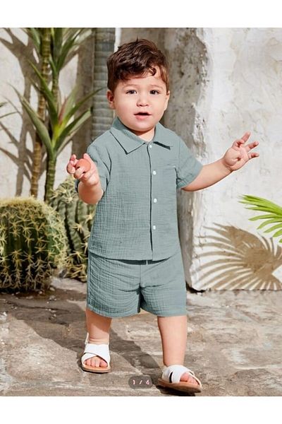 bebekpare Boy's Shirt Shorts Suit Muslin Summer 100% Cotton