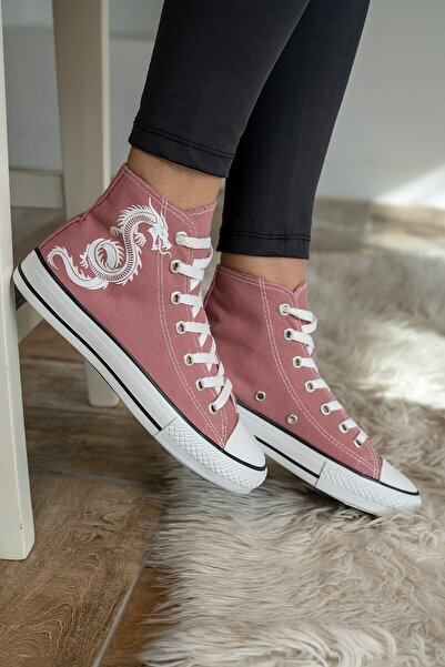 Shupe Kadın Gül Kurusu Ejderha Baskı Boğazlı Model Keten Sneaker