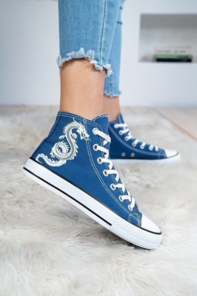 Shupe Kadın Mavi Bilekli Ejderha Baskılı Boğazlı Model Keten Sneaker