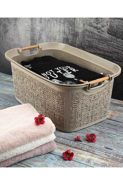 Bayev Woow 30 Lt Ahşap Saplı Bej Sele Çamaşır Sepeti - Kirli Sepeti - Plastik...