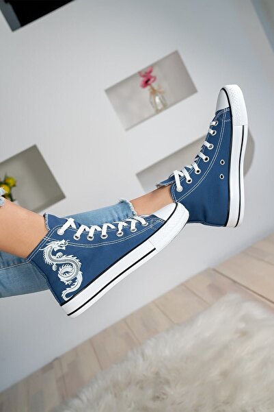 Shupe Kadın Mavi Bilekli Ejderha Baskılı Boğazlı Model Keten Sneaker