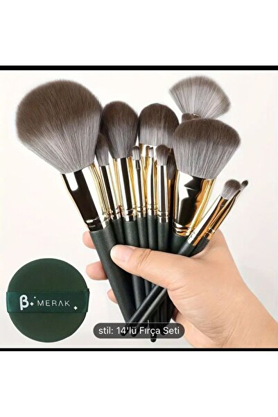 hermax 14 parçalı lüks makyaj fırça seti - Dolgun, yeşil profesyonel fırçalar, tam yüz ve göz