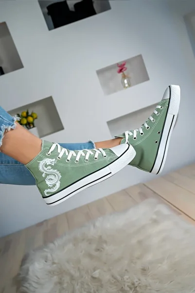 Shupe Women's Green High Top Dragon Printed High Top Model Linen Sneaker