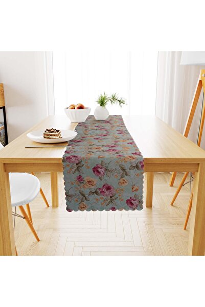 benimol Gül Desenli Su Yeşili Zemin Mürdüm Dijital Baskılı Süet Dokuma Runner...