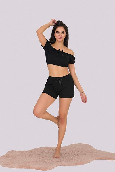 MyBen Black Strapless Women's Pajama Set with Detailed Shorts A370