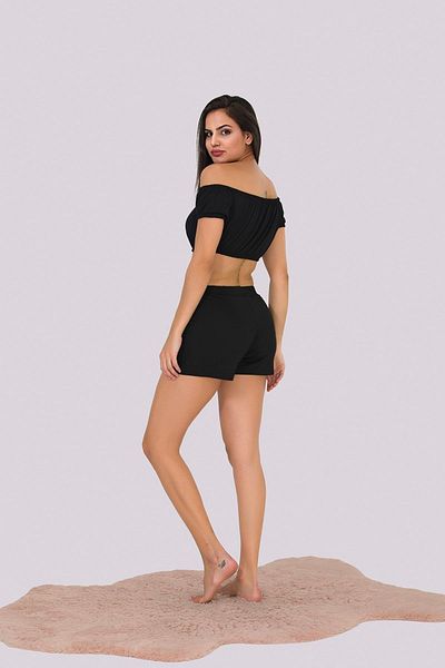 MyBen Black Strapless Women's Pajama Set with Detailed Shorts A370