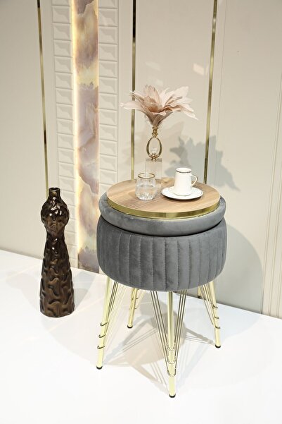 Sare Home Bianco Metal Ayaklı Puflu Sehpa Altın Antrasit Gri (GOLD ANTHRACİTE...