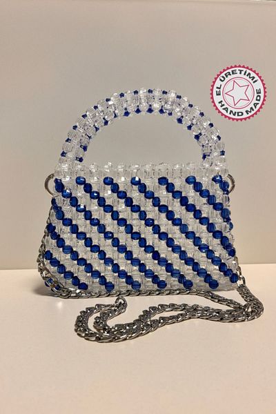 Uretti Nuran 9092 - Λευκή/Μπλε βραδινή τσάντα 13 εκ. με διάφανες κρυστάλλινες χάντρες
