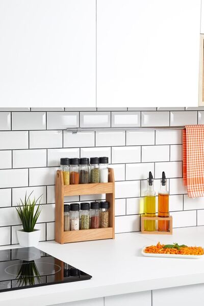 woodsy Twin 10-Piece Glass Spice Jar Set |   With Beech Wood Stand |   Modern & Stylish Kitchen Organizer