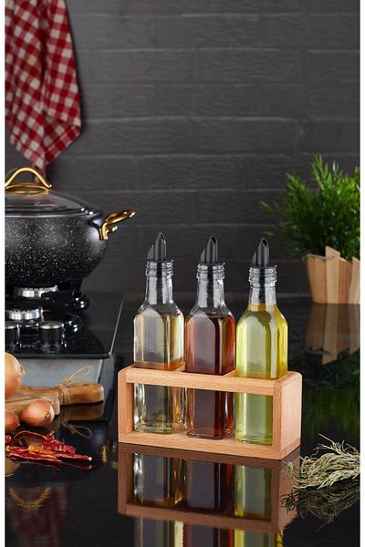 woodsy 3-Piece Oil Pot Set, Oil Vinegar Vinegar with Wooden Stand 250 ML