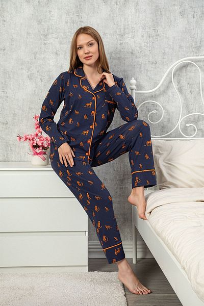 MyBen Women's Navy Blue Colored Cotton Lycra Buttoned Leopard Patterned Pijama Set 10037