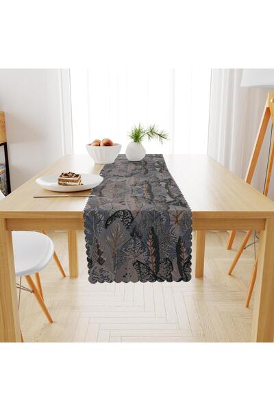 benimol Yaprak Desenli Vizon Antrasit Dijital Baskılı Petek Dokuma Runner 40x140