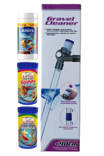 AMORE Tropical Mix 125ml, Lotus2x100ml Balık Yemi, Gravel Cleaner 90cm Akvaryum Dip Çekim Sifonu Set