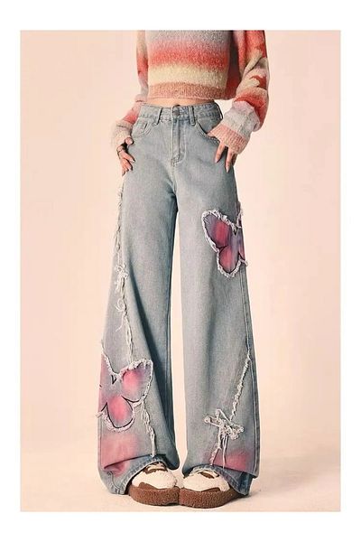 Gofeel Baggy Cut Butterfly Patterned Jeans