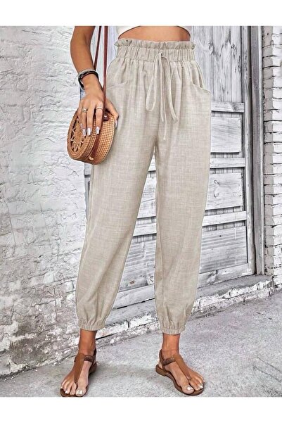 rengamoda Pantaloni cu talie din cauciuc din țesătură de in Sofia - cu șireturi și detaliu de buzunar (culoare)