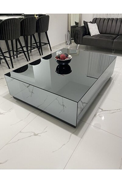 LUXURY VİLLA Luxury Füme Aynalı Tekerlekli Orta Sehpa 70x120 Yükseklik 30cm D...