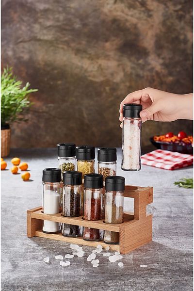 woodsy 8 Piece Spice Pot Set with Wooden Stand, Spice Pot Set
