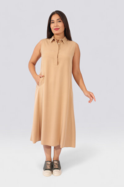 TOLGA SARAÇOĞLU 40346 CAMEL Кольорове довге плаття з ліоцелю без підкладки