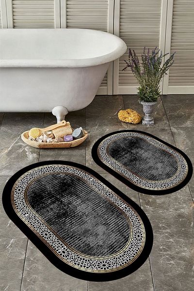 YTR HOME Αντιολισθητική βάση, πλενόμενη σκόνη, ανθεκτική σε λεκέδες, σετ 2 τεμαχίων, οβάλ χαλάκι μπάνιου