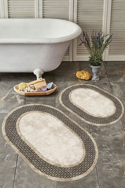YTR HOME Αντιολισθητική βάση, πλενόμενη σκόνη, ανθεκτική σε λεκέδες, σετ 2 τεμαχίων, οβάλ χαλάκι μπάνιου