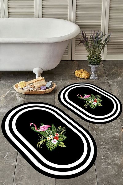 YTR HOME Αντιολισθητική βάση, πλενόμενη σκόνη, ανθεκτική σε λεκέδες, σετ 2 τεμαχίων, οβάλ χαλάκι μπάνιου