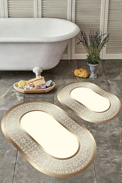 YTR HOME Αντιολισθητική βάση, πλενόμενη σκόνη, ανθεκτική σε λεκέδες, σετ 2 τεμαχίων, οβάλ χαλάκι μπάνιου