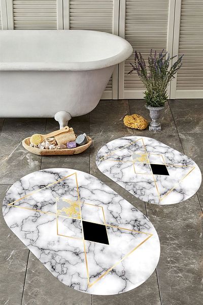 YTR HOME Αντιολισθητική βάση, πλενόμενη σκόνη, ανθεκτική σε λεκέδες, σετ 2 τεμαχίων, οβάλ χαλάκι μπάνιου
