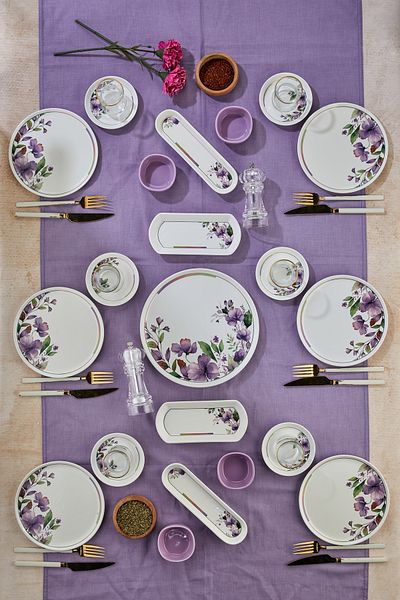 Erbaşlar Magnolya Pattern Lux Ceramic 21 Piece Round Digital Breakfast Set for 6 Persons, Breakfast Set