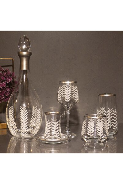 sudeka 61 Parça 12 Kişilik Başak Kristal Kesme Gümüş Cam Su Bardak Takımı,Meş...