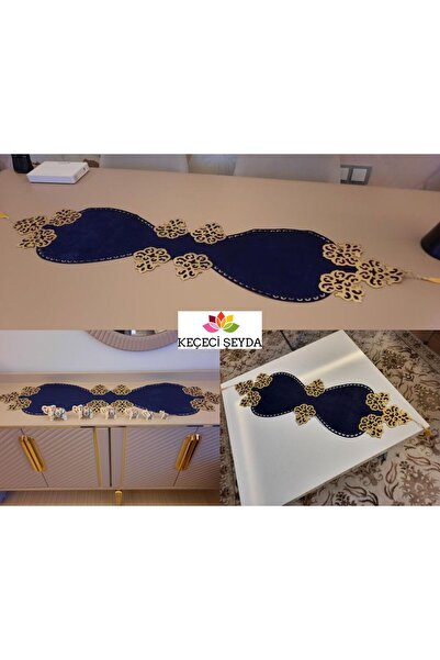 KEÇECİ ŞEYDA Runner/ranır/LACİVERT Kadife Gold Deri Salon Takımı 6 Parça (mas...