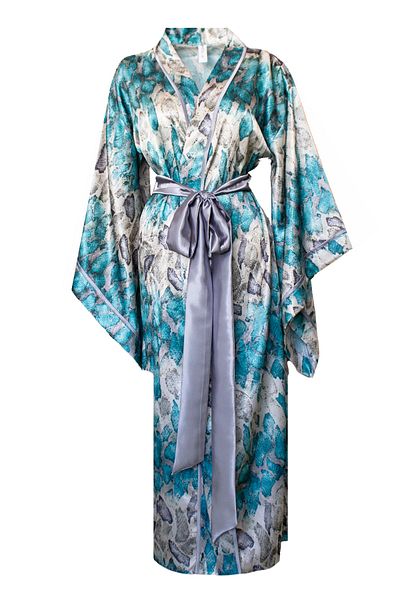 Mita Concept Blue Crocodile Patterned Satin Bat Sleeve Kimono