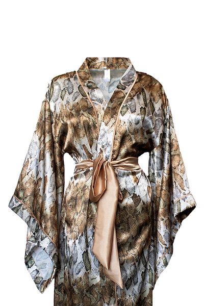 Mita Concept Brown Crocodile Patterned Satin Bat Wing Kimono