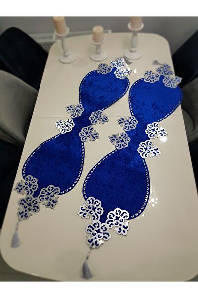 KEÇECİ ŞEYDA Runner/ranır/LACİVERT KadifeGÜMÜŞ Deri Salon Takımı 6 Parça (mas...