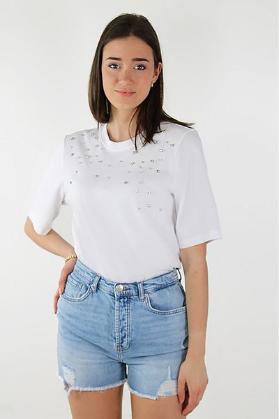 ONLY Tricou de damă 100% bumbac cu detalii de piatră albă - decolteu rotund 15324847
