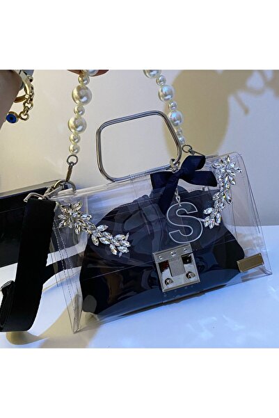 AREV BAGS Gümüş Taşlı ve İnci Askılı Şeffaf Çanta