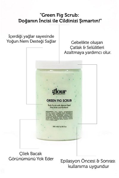 GLOUR Green Fig Scrub 500 ml - | Body Scrub with Fig Extract, Cellulite-Strawberry Leg, Ingrown Hair Removal Peeling