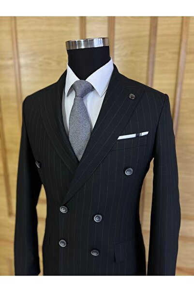 Terziayhan Μαύρο Slimfit Ριγέ Κοστούμι με διπλό στήθος - Αποκλειστικό