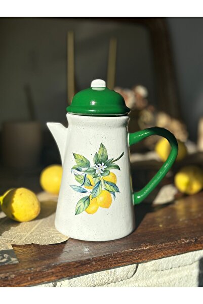 Handmadesign Kapaklı El Yapımı Seramik Sürahi - Limon Dalı Yapraklı Çiçekli Yeşil 1 litre
