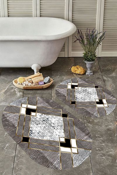 YTR HOME Αντιολισθητική βάση, πλενόμενη σκόνη, ανθεκτική σε λεκέδες, σετ 2 τεμαχίων, οβάλ χαλάκι μπάνιου