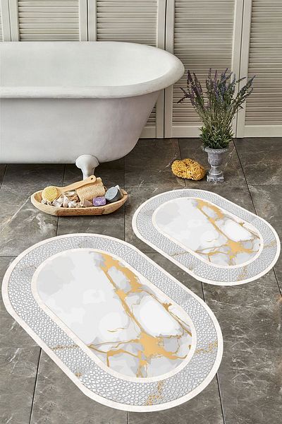 YTR HOME Αντιολισθητική βάση, πλενόμενη σκόνη, ανθεκτική σε λεκέδες, σετ 2 τεμαχίων, οβάλ χαλάκι μπάνιου