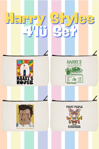 designedfy Harry Styles Printed Set de 4 - Geantă de machiaj, suport pentru creion și portofel
