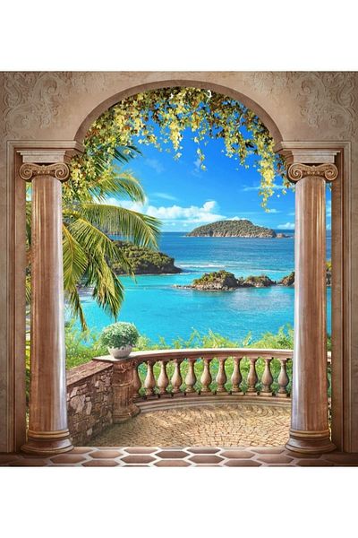 Elmas Dizayn Custom ProDuction - 3D Digital PrinteD Blue Green anD Brown LanDscape 140*240 cm, Double BlaDes, 2 BackgrounD Curtains