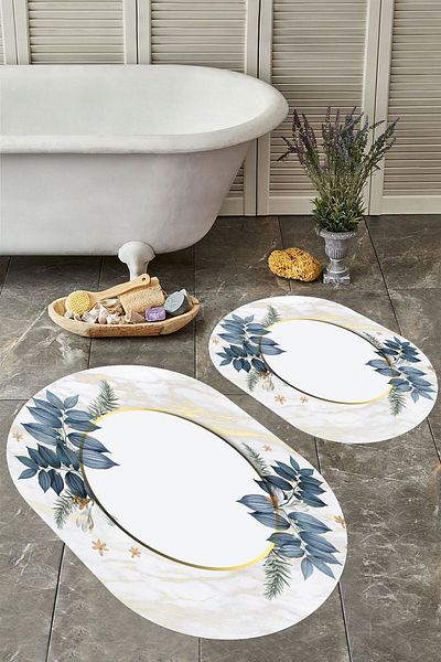 YTR HOME Αντιολισθητική βάση, πλενόμενη σκόνη, ανθεκτική σε λεκέδες, σετ 2 τεμαχίων, οβάλ χαλάκι μπάνιου