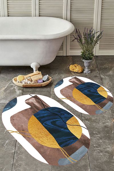 YTR HOME Αντιολισθητική βάση, πλενόμενη σκόνη, ανθεκτική σε λεκέδες, σετ 2 τεμαχίων, οβάλ χαλάκι μπάνιου