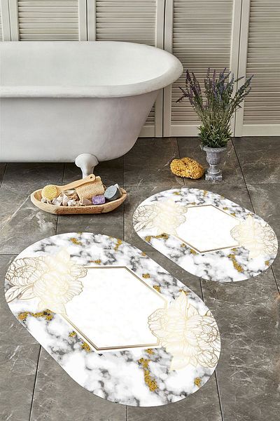 YTR HOME Αντιολισθητική βάση, πλενόμενη σκόνη, ανθεκτική σε λεκέδες, σετ 2 τεμαχίων, οβάλ χαλάκι μπάνιου